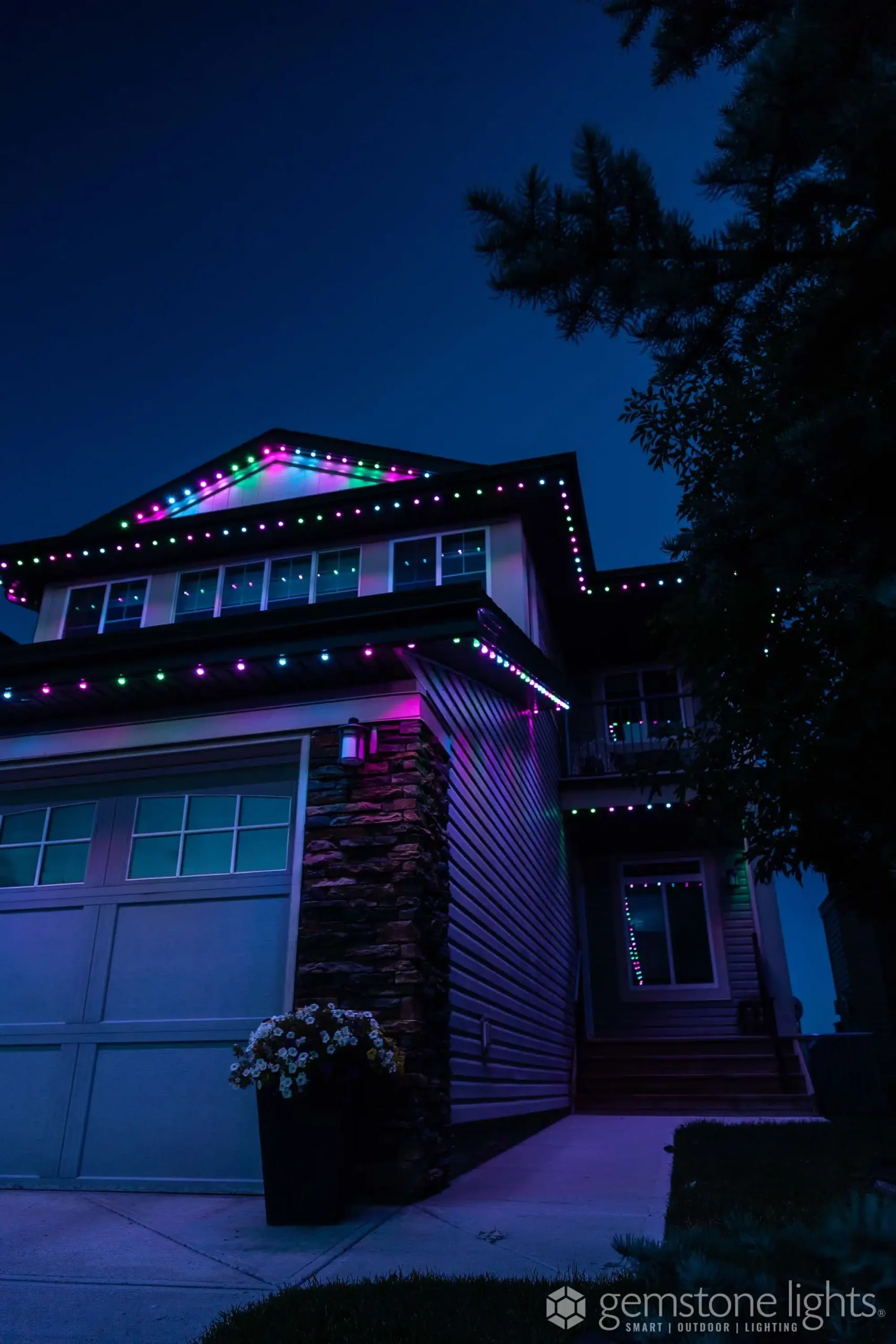 Front view of a home upgraded with Residential Lights for elegant, flexible outdoor lighting every night of the year
