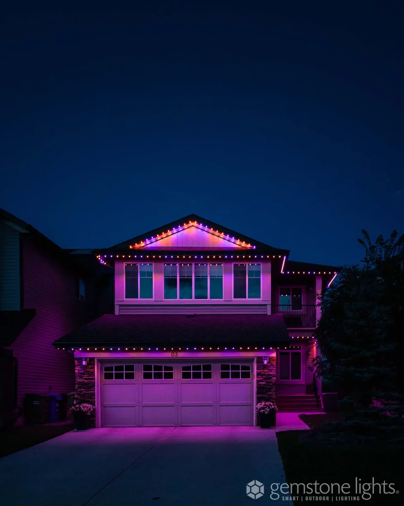 About us section highlighted by a house glowing with vibrant purple lights