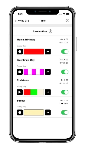 A mobile app displays a list of timers for special events with toggle switches