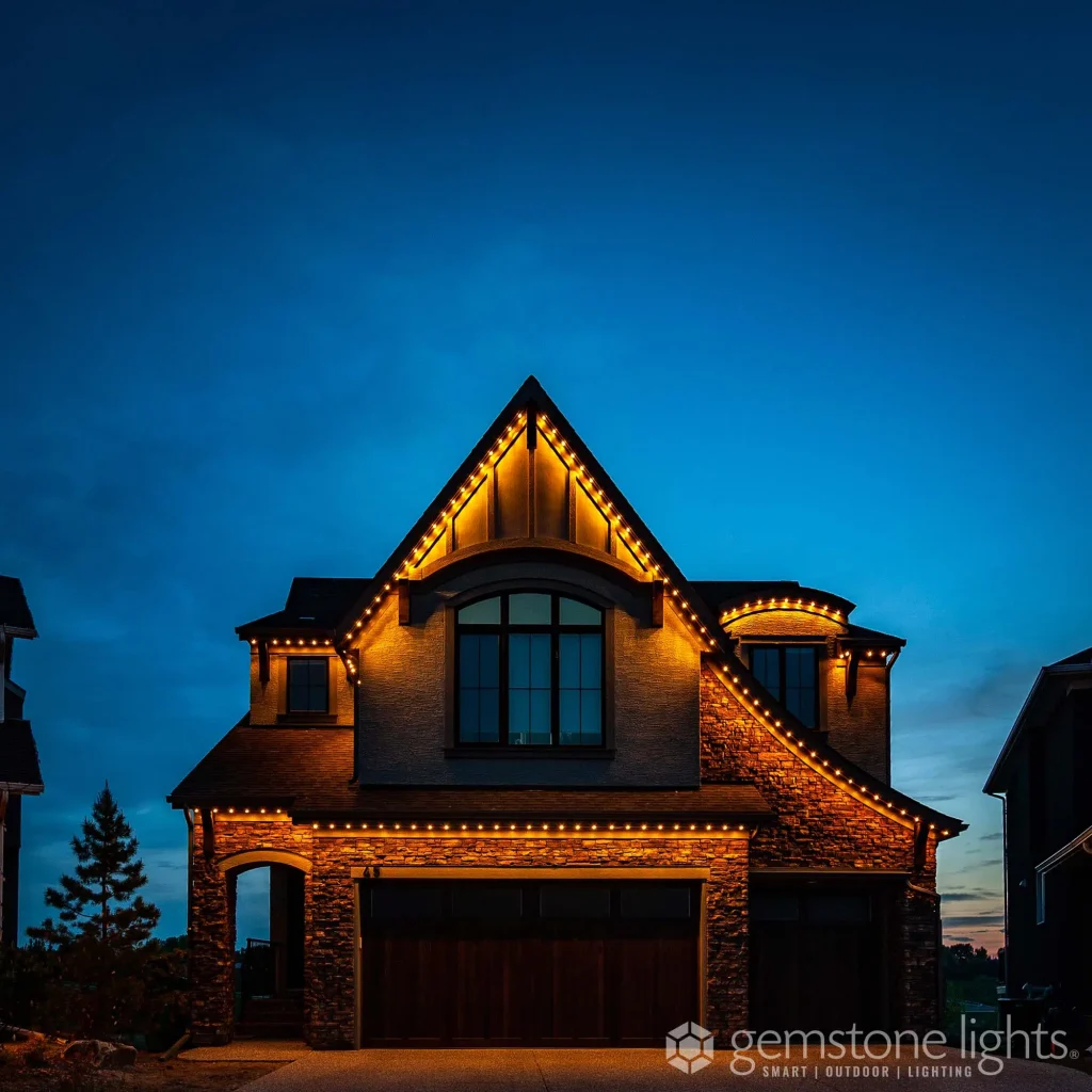 About Apex Impressions showcases a beautifully lit house glowing warmly at twilight