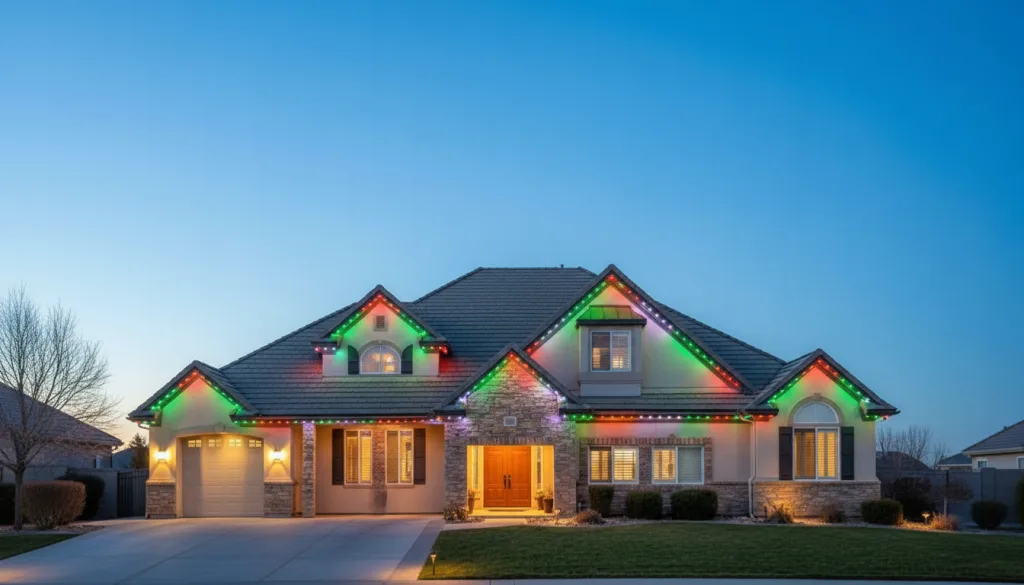 A brightly lit house adorned with colorful holiday decorations under a clear blue sky