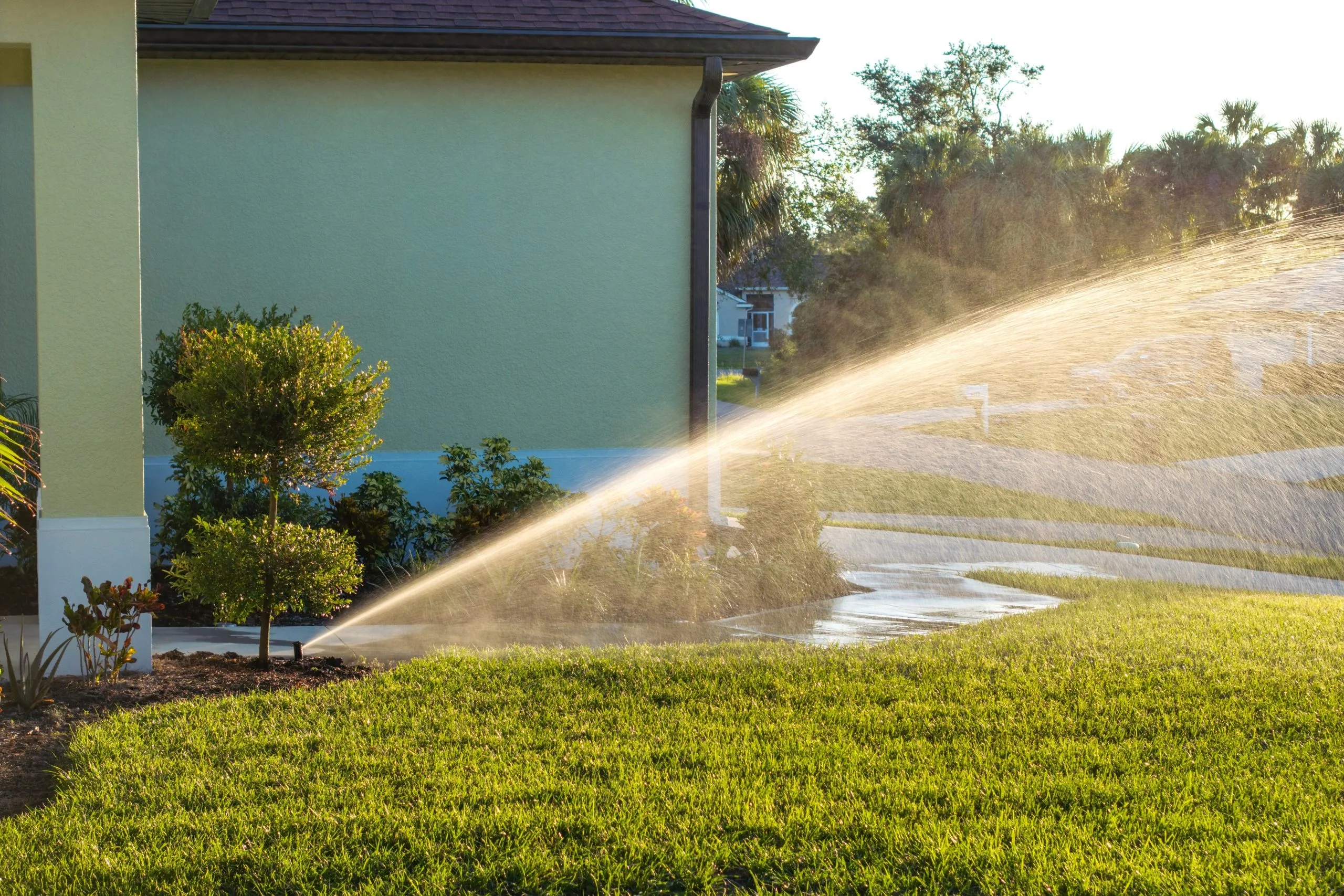 Lawn irrigation sprinkler systems spray water, nourishing a lush green lawn and nearby plants