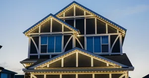 A stylish house is adorned with bright, festive lights along its roofline