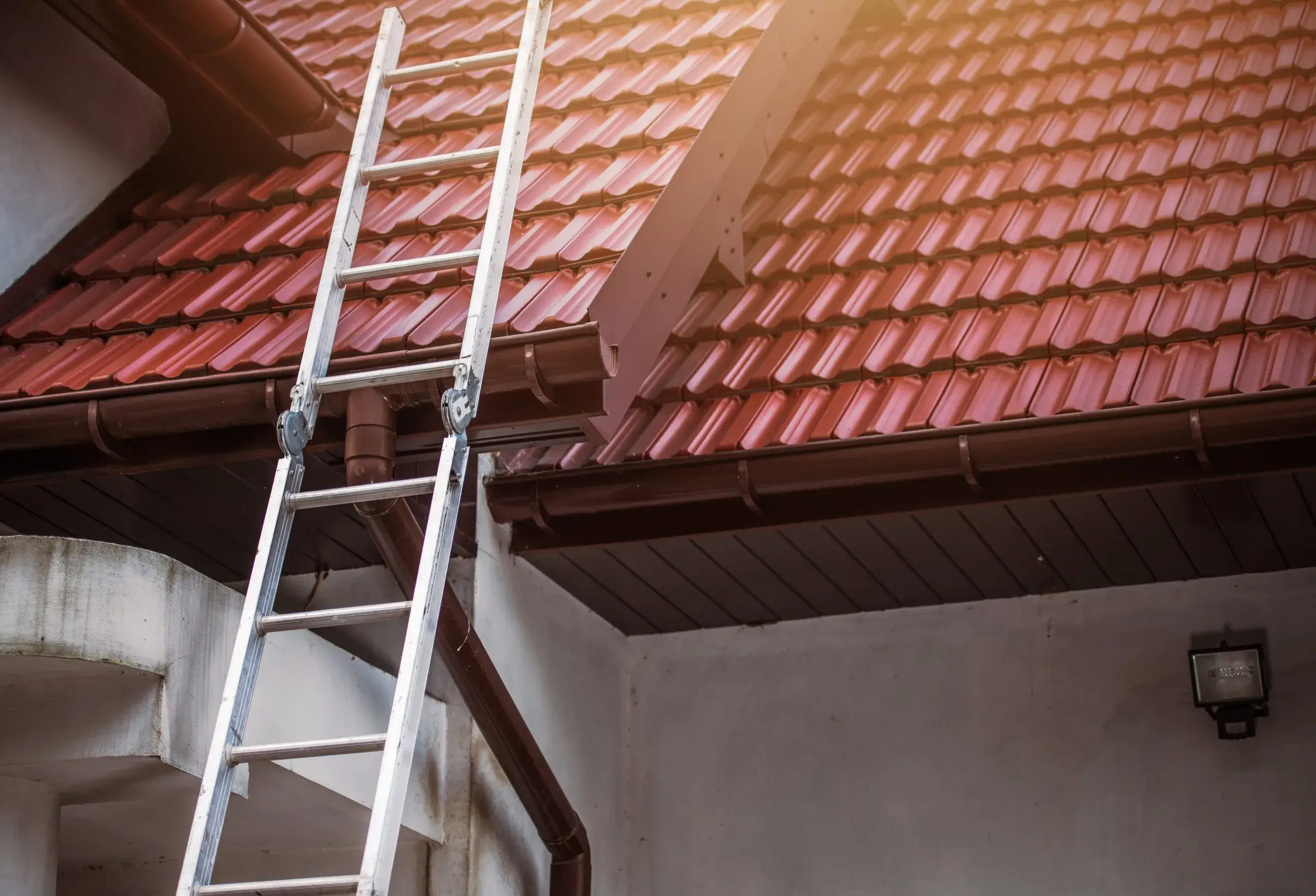 A silver ladder leans against a red-tiled roof under warm sunlight