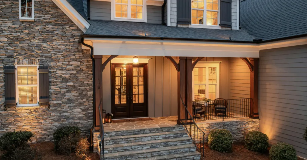 A warmly lit entrance features a stone facade and inviting porch furniture
