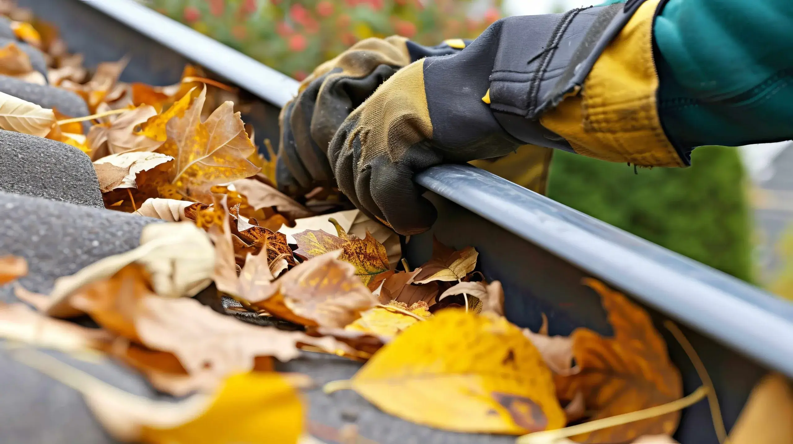 Gutter cleaning Oshawa involves removing fallen leaves from a rain gutter